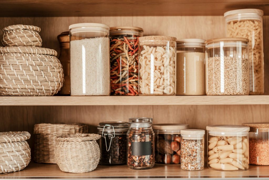 a shelf with jars and jars