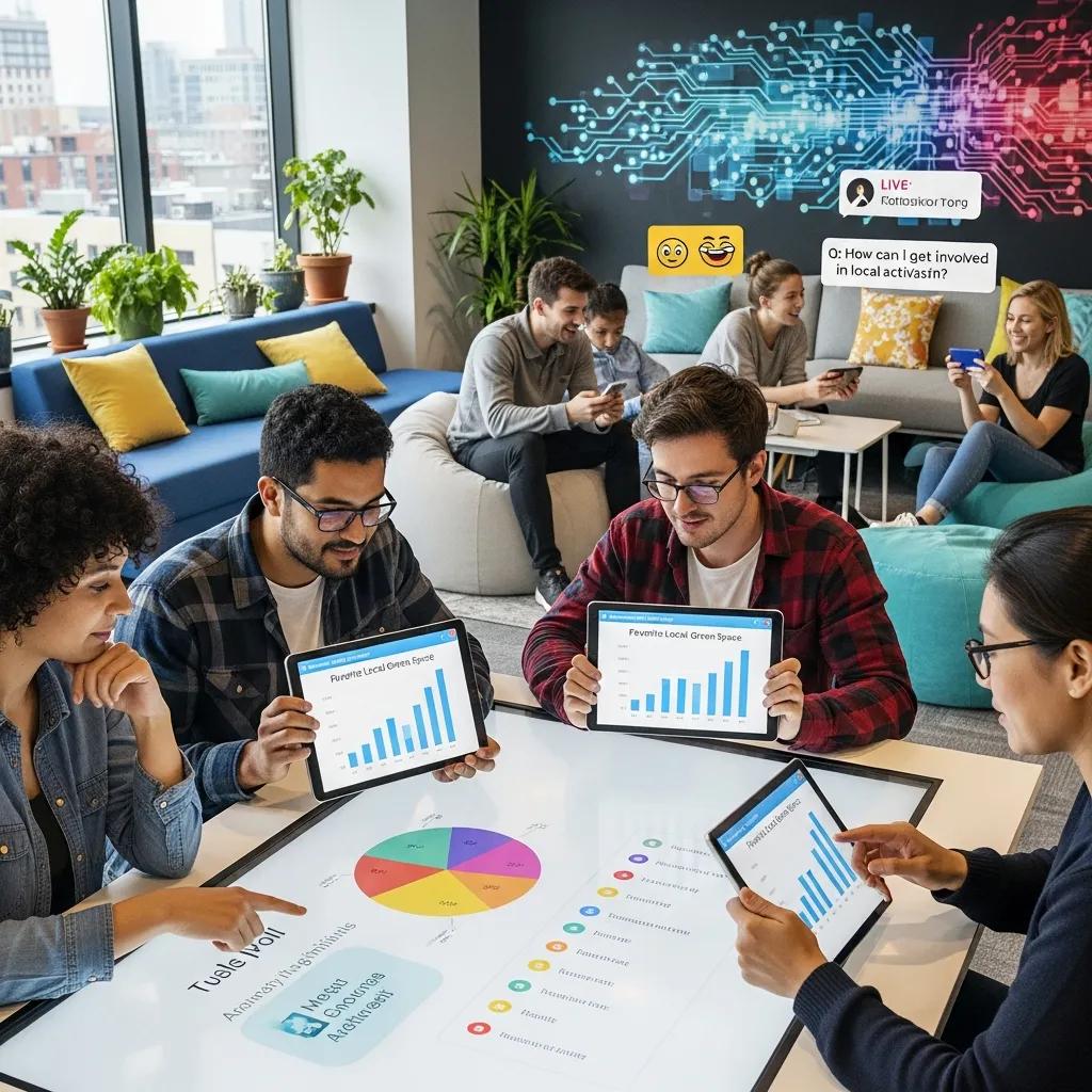 Diverse group engaging with interactive digital content in a modern setting